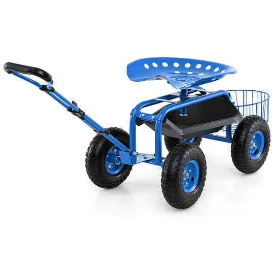 Costway Garden Cart Patio Wagon Roll Work Seat with Tray Basket Extendable Handle